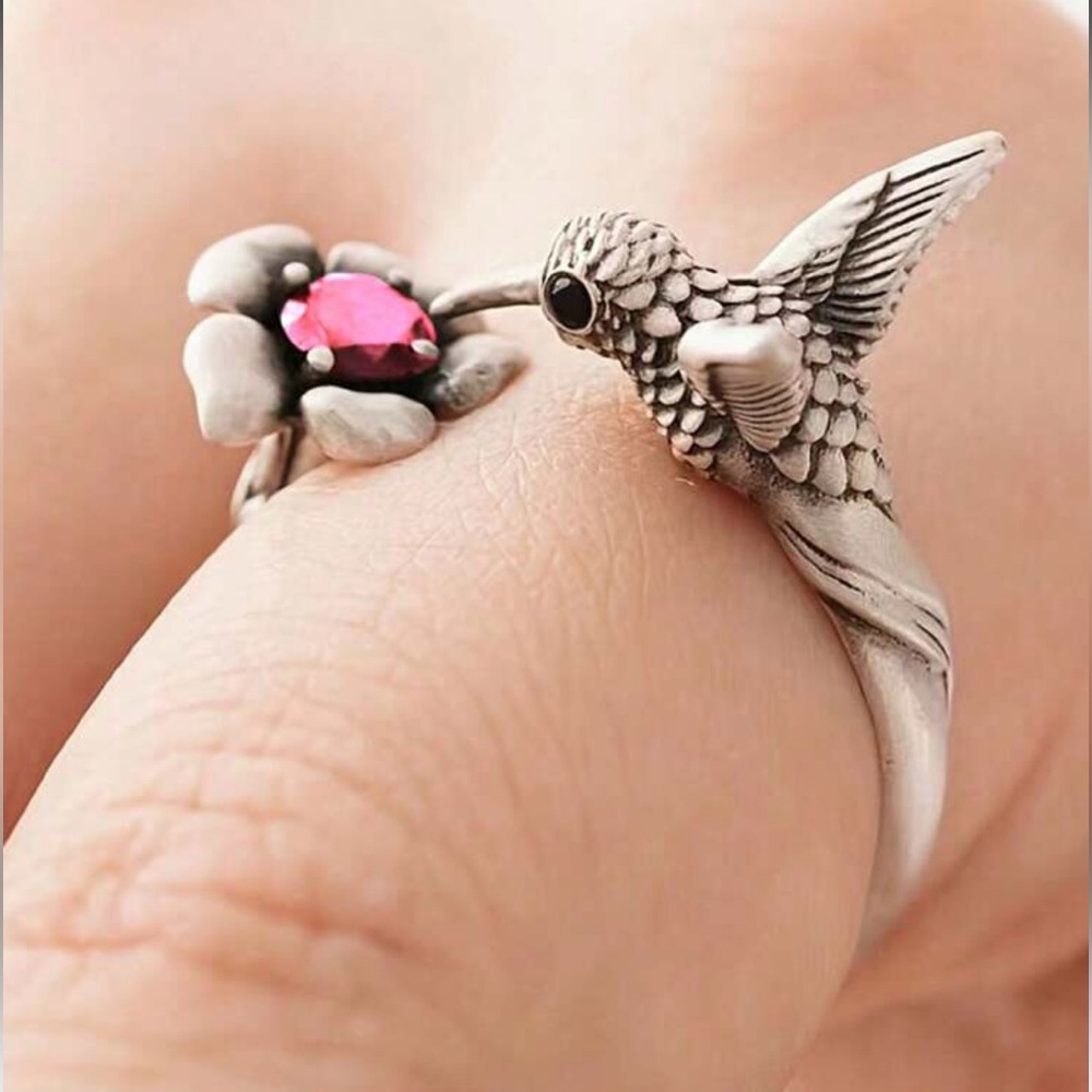 Hummingbird silver ring flower stone adjustable bird